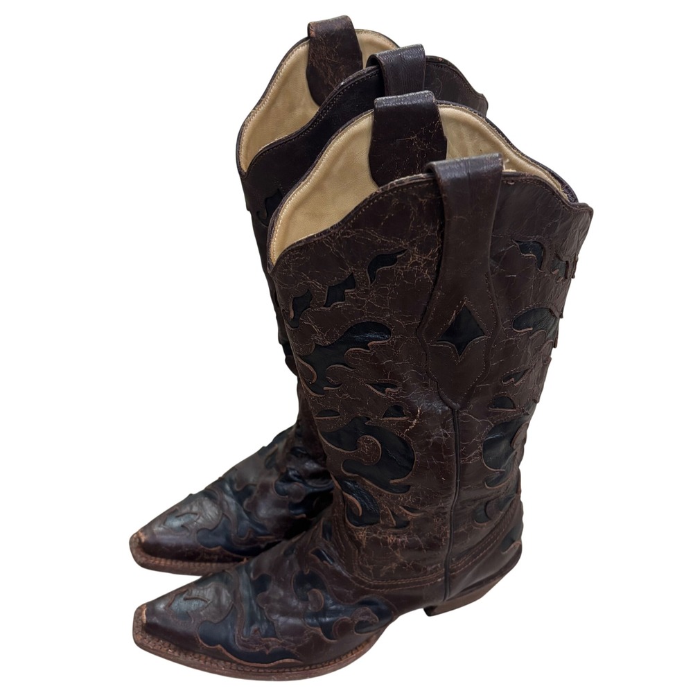 Corral Brown Distressed Leather Western Cowboy Boots Black Inlay C1957 Size 8M